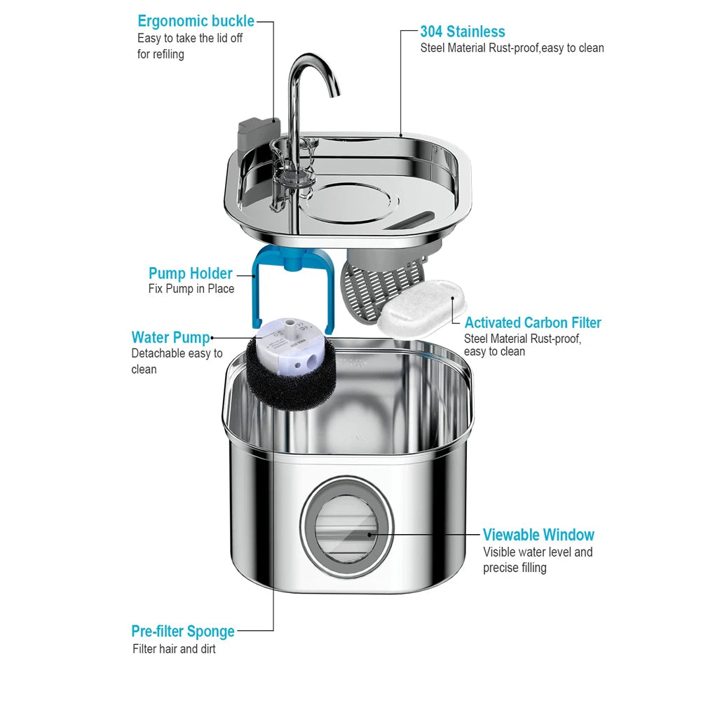 ZYFeeder 2.2L Automatic Cat Water Fountain Square Stainless Steel Pet Water Feeder Dog Water Fountain with window(No 5V 1A Plug)