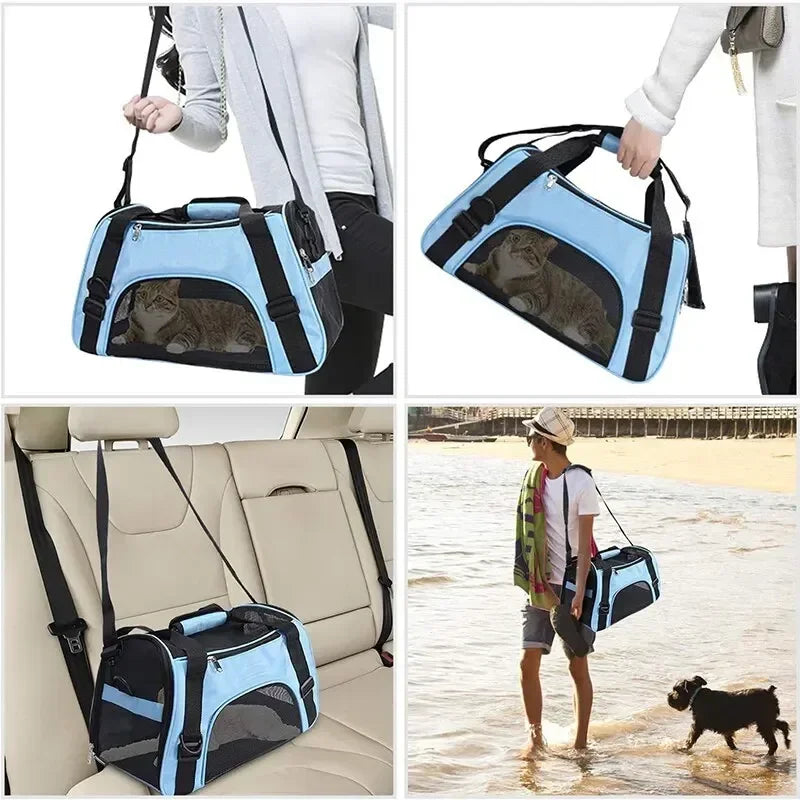Pet Portable Foldable Four Sided Breathable Mesh Pet Bag Cat and Dog One Shoulder Travel Bag Crossbody Handbag Backpack Cat Bag
